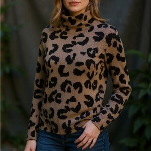 DKNY Cowl Neck Leopard Sweater - Black and Tan